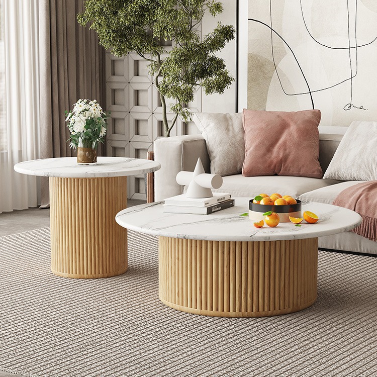 Round Coffee Table Set, Sintered Stone Top With Fluted Wood Base - Coffee table - QONKA HOME