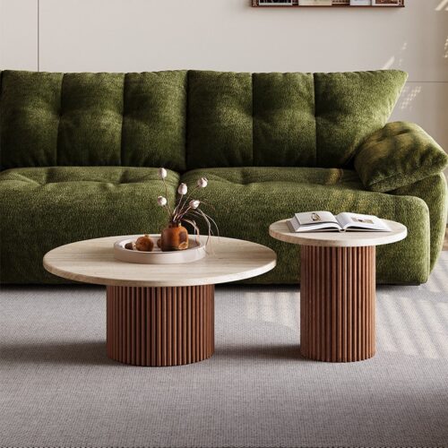 Round Natural Travertine Coffee Table With Fluted walnut Wood Base &side table - Coffee table - QONKA HOME