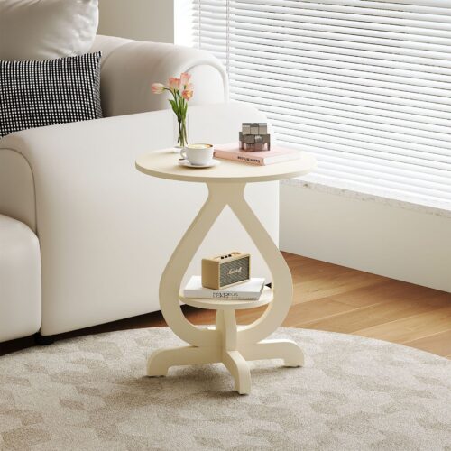 Cream White Round Sofa Side Table mdf Density Fiberboard Accent End Table - Bedside table - QONKA HOME