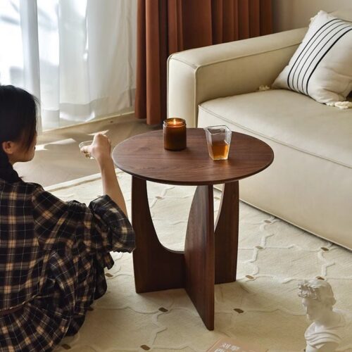Modern Creative Solid Wood Round Side Table Hollow Design Accent End Table for Sofa Side - Bedside table - QONKA HOME