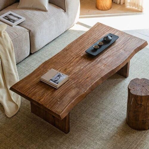 Rustic Live Edge Solid Wood Coffee Table Natural Log Slab Irregular Tabletop for Living Room - Coffee table - QONKA HOME