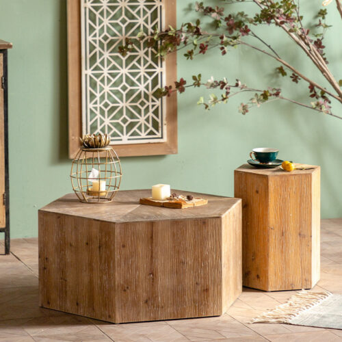 Hexagonal Distressed Solid Wood Coffee Table Rustic Farmhouse Block Center Table - Coffee table - QONKA HOME