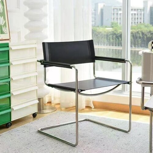 Modern Cantilever Dining Chair Stainless Steel Frame Saddle Leather Upholstered Arm Chair - Dining chair - QONKA HOME