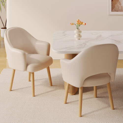 Modern Upholstered Dining Chair with Armrest Solid Wood Leg PU Leather Accent Chair for Dining Room Kitchen - Dining chair...