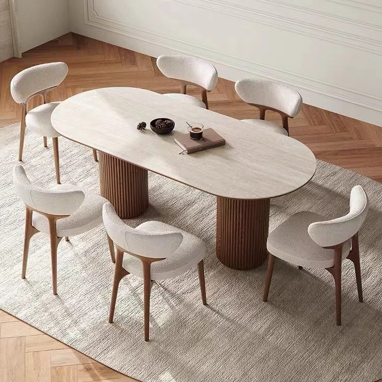 Oval Sintered Stone Dining Table Fluted Solid Wood Double Pedestal Base Modern Minimalist Dining Table for Dining Room - D...