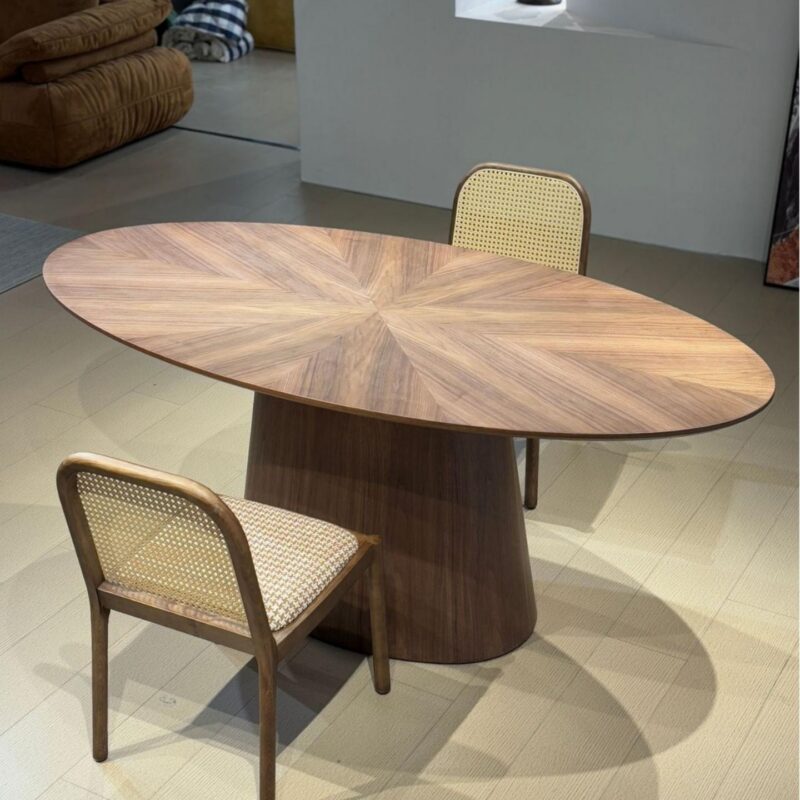 Oval Solid Wood Dining Table Sunburst Veneer Inlay Tapered Pedestal Base Mid‑Century Modern Dining Table for Home Dining...