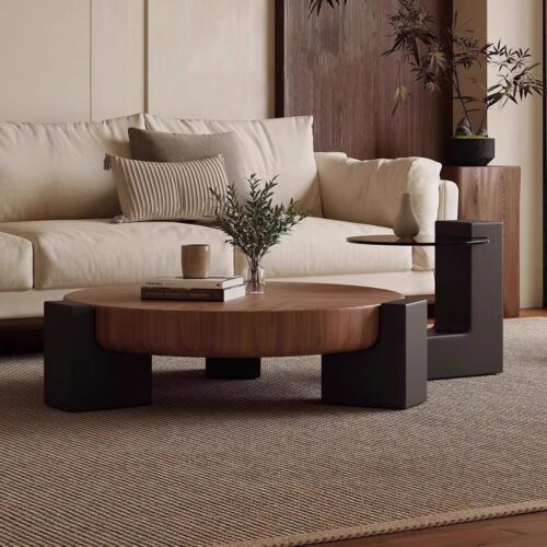 Dark Walnut Round Center Table with Tempered Glass Side Table - Coffee table - QONKA HOME
