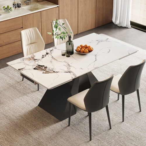 Extendable Sintered Stone Dining Table Retractable Foldable Tabletop Carbon Steel Geometric Base Modern Rectangular Dining...