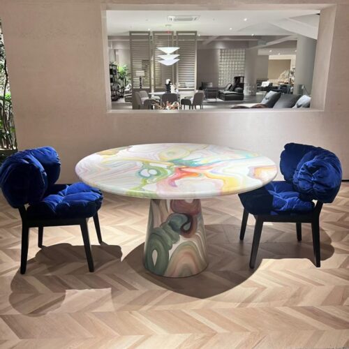 Round Solid Ash Wood Dining Table Art Marbled Swirl Finish Conical Pedestal Base Contemporary Designer Dining Table - Dini...