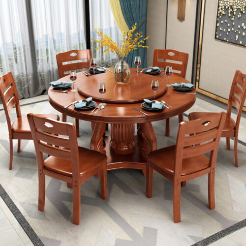 Round Solid Rubber Wood Dining Table with Rotating Lazy Susan Pedestal Base Traditional Farmhouse Dining Table for Family ...