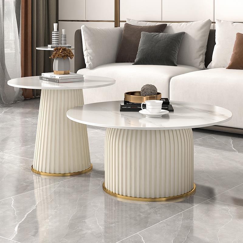 Modern Cream Round Coffee Table Set with Faux Marble Top and Fluted Base - Coffee table - QONKA HOME