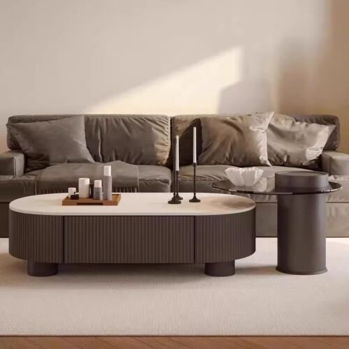 Minimalist Fluted Storage Coffee Table Set With Sintered Stone Top - Coffee table - QONKA HOME