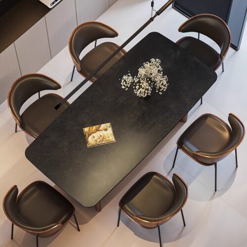 Rectangular Dining Table Sintered Stone Tabletop Solid Wood Double Trestle Base Modern Minimalist Dining Table for Home - ...