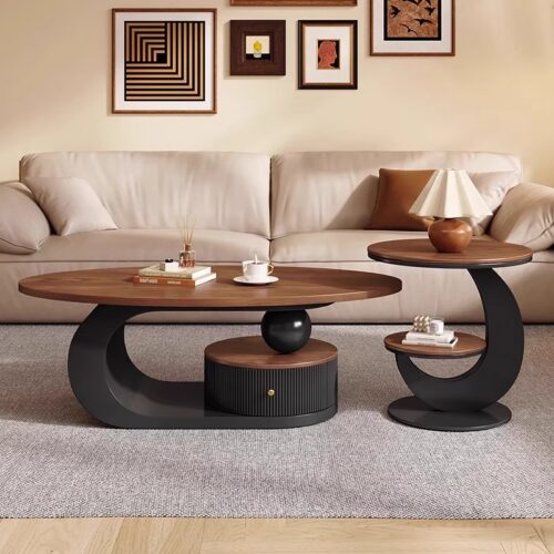 Oval Cream Curved Frame Wooden Coffee Table With Storage Drawer - Coffee table - QONKA HOME
