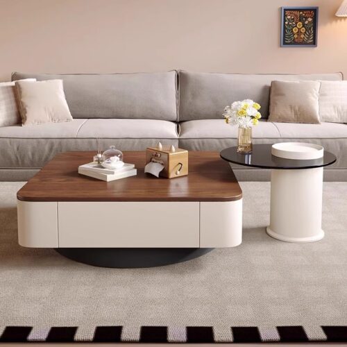 Storage Square Coffee Table With Drawers & Glass Side Table Set - Coffee table - QONKA HOME