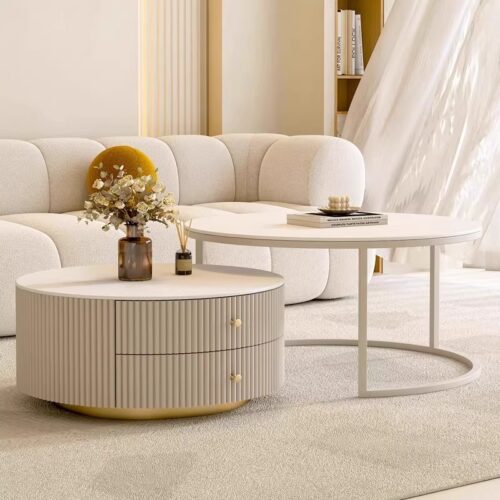 Cream Fluted Storage Round Nesting Coffee Table Set - Coffee table - QONKA HOME