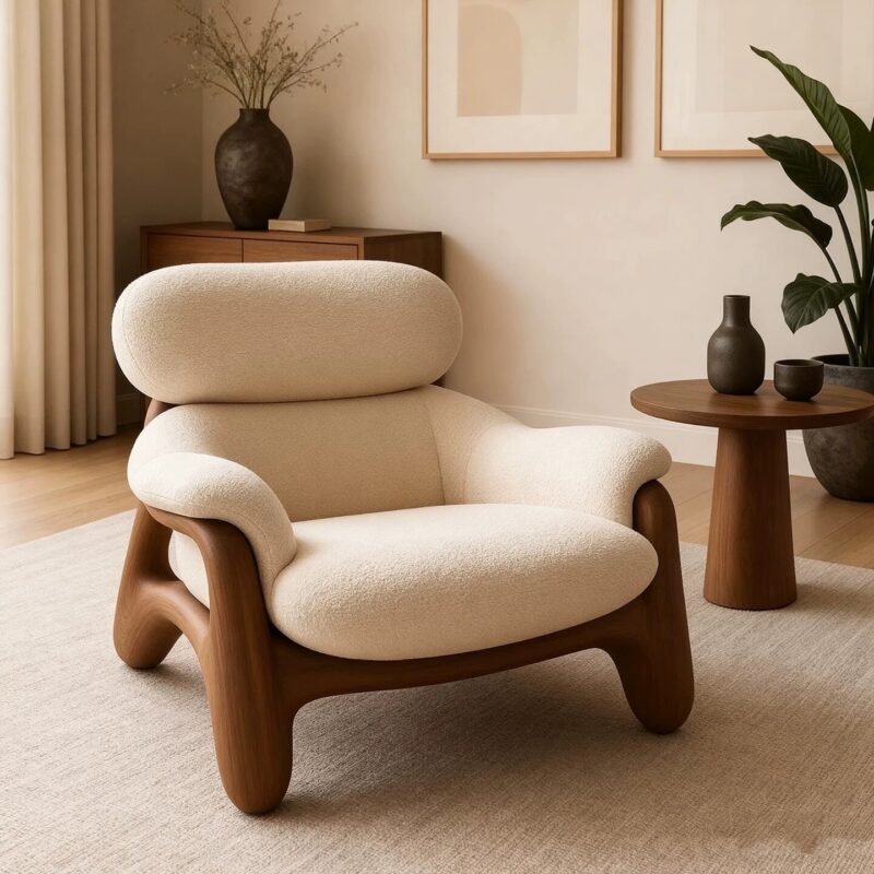 New Chinese Style Walnut Wood Single Sofa Chair - Living room furniture - QONKA HOME