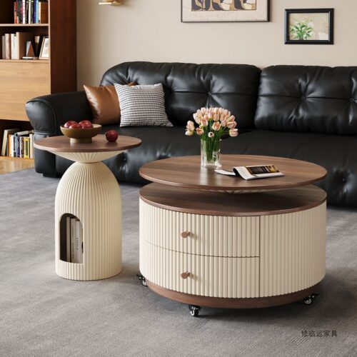 French Walnut Coffee Table Set  with Fluted Storage Drawer - Coffee table - QONKA HOME