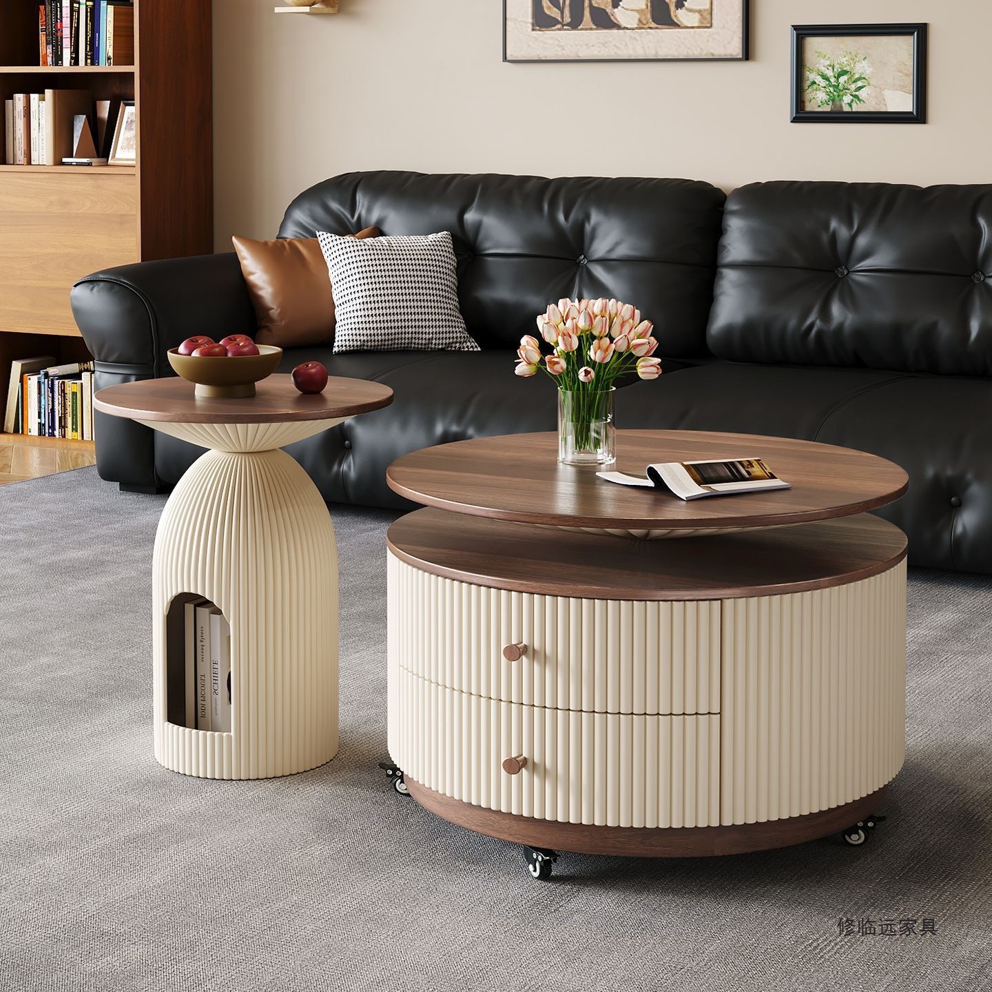 Walnut coffee table set with fluted drawer coffee table supplier China