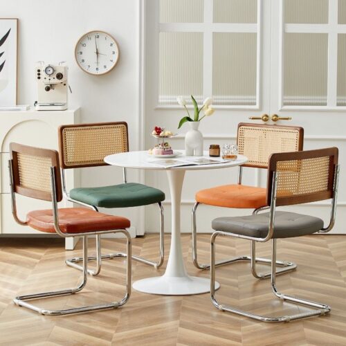 Cantilever Dining Chair PP Rattan Backrest Upholstered PU Seat Chrome Metal Frame Mid-Century Modern Side Chair - Dining c...