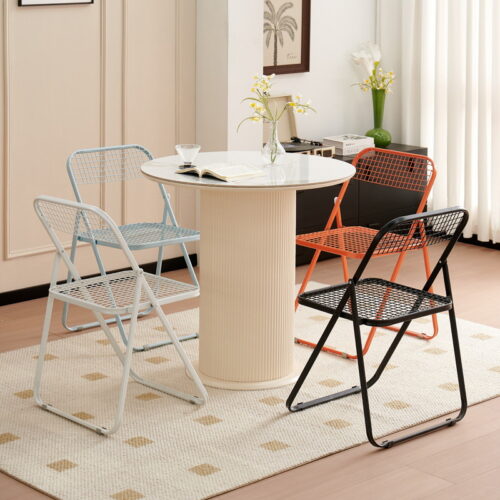 Grid Metal Folding Dining Chair Breathable Iron Mesh Side Chair Portable Stackable Leisure Chair for Balcony Cafe Home - D...