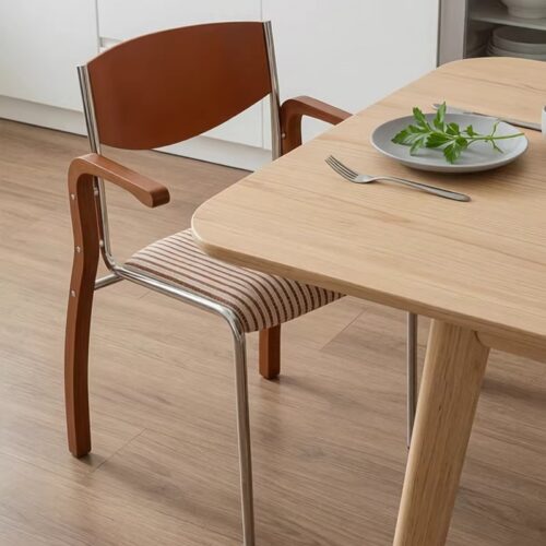 Armrest Dining Chair Q195 Carbon Steel Frame Multi‑layer Solid Wood Back Padded Seat Side Chair for Home Office Cafe - D...