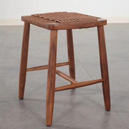 Rubber Wood Stool Hand‑Woven Rope Seat Solid Wood Square Side Stool Dining Bar Stool for Home Kitchen Living Room - Dini...