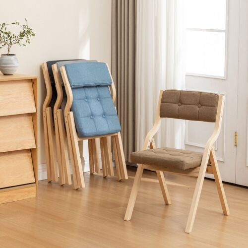 Poplar Wood Folding Dining Chair Linen Fabric Padded Foldable Dining Side Chair for Kitchen Apartment - Dining chair - QON...