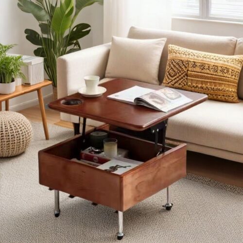 Multifunctional Lift Top Coffee Table, Solid Wood Storage Coffee Table With Wheels & Cup Holder - Coffee table - QONK...