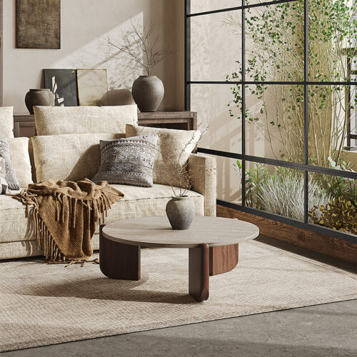 Natural Travertine round Coffee Table & Side Table Set Wabi‑Sabi Solid Wood Leg - Coffee table - QONKA HOME
