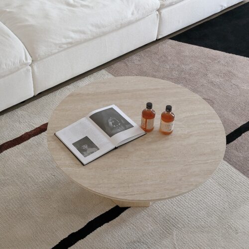 Round Sintered Stone Coffee Table Wood Veneer Base Minimalist Wabi‑Sabi Living Room Center Tea Table - Coffee table - QO...