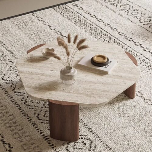 Hexagonal Natural Travertine Coffee Table Solid Wood Leg Wabi‑Sabi - Coffee table - QONKA HOME