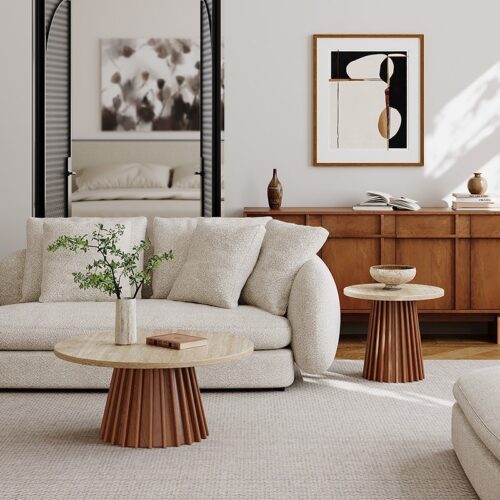 Round Natural Travertine Nesting Coffee Table Set - Coffee table - QONKA HOME