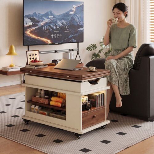 4-in-1 Mobile Lift Top Coffee Table, Convertible Dining Desk with Storage - Coffee table - QONKA HOME