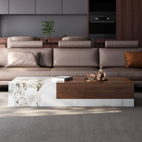 Modern Square Storage Coffee Table, Sintered Stone & Wood - Coffee table - QONKA HOME