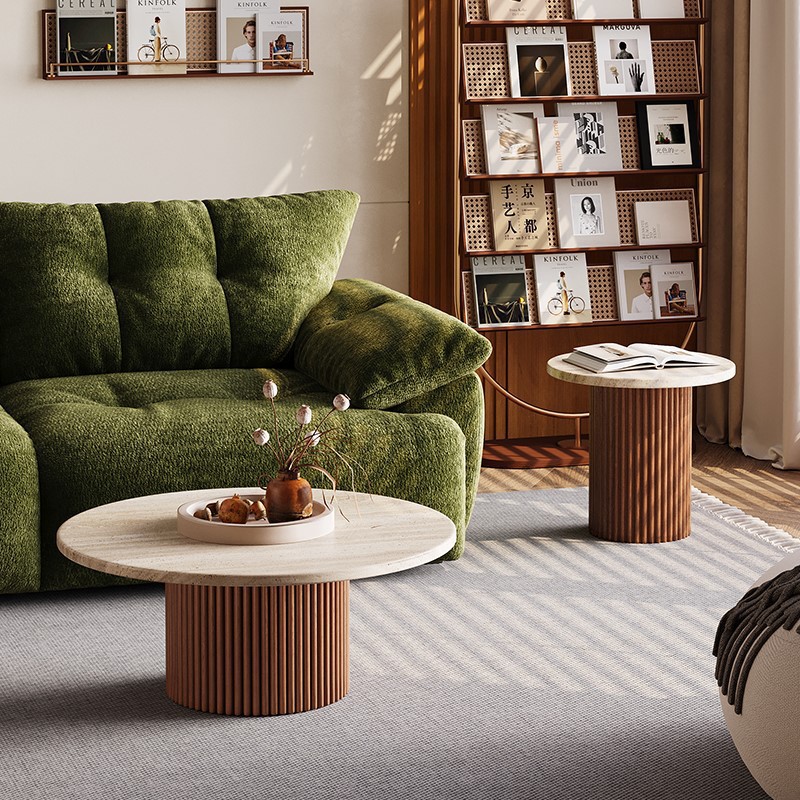 Round Natural Travertine Coffee Table With Fluted walnut Wood Base &side table - Coffee table - QONKA HOME