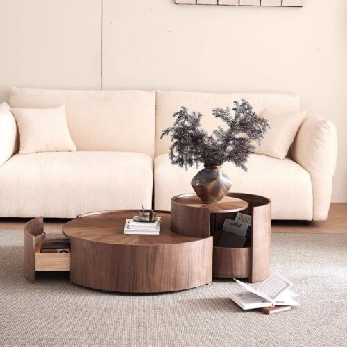 Round Nesting Coffee Table Set walnut Wood Veneer Coffee Table with Drawer - Coffee table - QONKA HOME