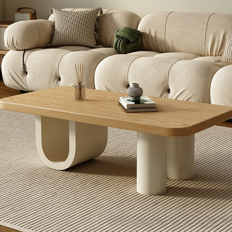 Solid Wood Rectangular Coffee Table Cream U‑Shape & Cylinder Base Minimalist Modern Center Table - Coffee table - Q...