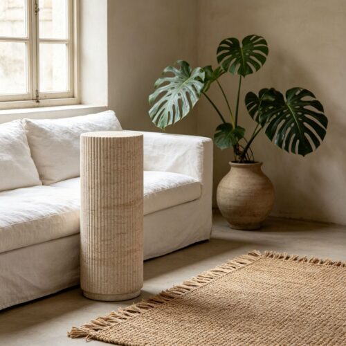 Round Coffee Table & Roman Column Side End Table With Faux Travertine Texture - Coffee table - QONKA HOME
