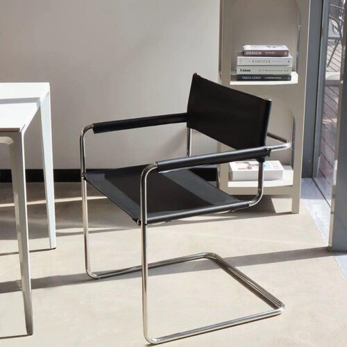 Modern Cantilever Dining Chair Stainless Steel Frame Saddle Leather Upholstered Arm Chair - Dining chair - QONKA HOME