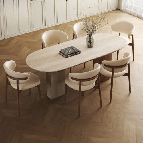 Oval Sintered Stone Dining Table, Asymmetrical Base with Travertine‑Look Panel & Fluted Wood Cylinder, Modern Rock ...