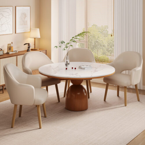 Modern Upholstered Dining Chair with Armrest Solid Wood Leg PU Leather Accent Chair for Dining Room Kitchen - Dining chair...
