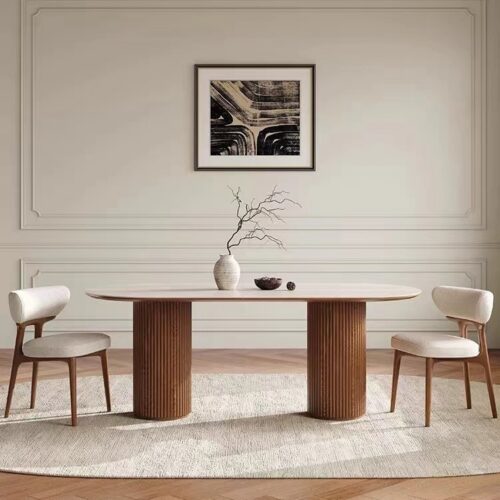 Oval Sintered Stone Dining Table Fluted Solid Wood Double Pedestal Base Modern Minimalist Dining Table for Dining Room - D...