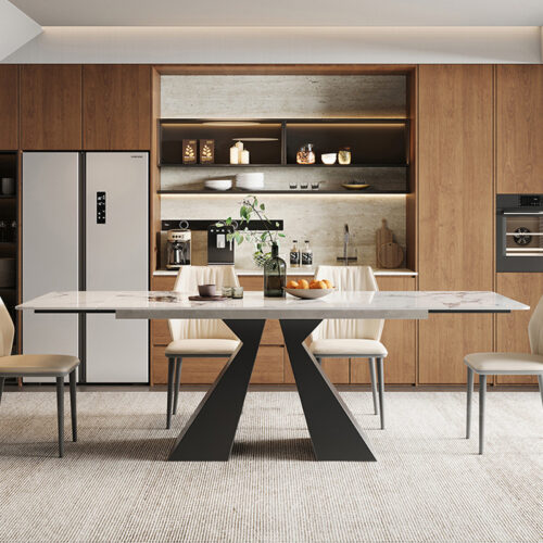 Extendable Sintered Stone Dining Table Retractable Foldable Tabletop Carbon Steel Geometric Base Modern Rectangular Dining...