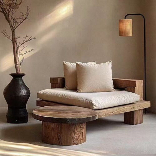 Wabi-sabi-style Single-seater Wooden Sofa Chair - Living room furniture - QONKA HOME