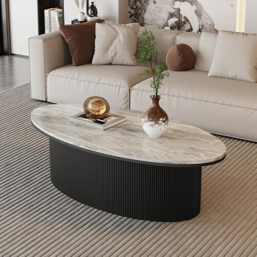 Oval Sintered Stone Coffee Table Black Fluted Wave Pedestal - Coffee table - QONKA HOME