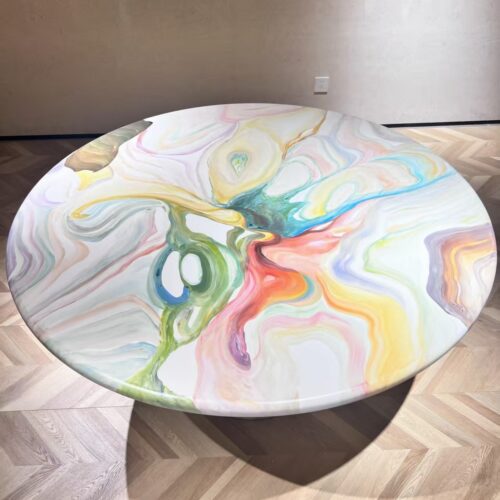Round Solid Ash Wood Dining Table Art Marbled Swirl Finish Conical Pedestal Base Contemporary Designer Dining Table - Dini...