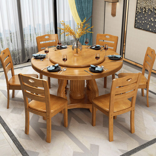 Round Solid Rubber Wood Dining Table with Rotating Lazy Susan Pedestal Base Traditional Farmhouse Dining Table for Family ...