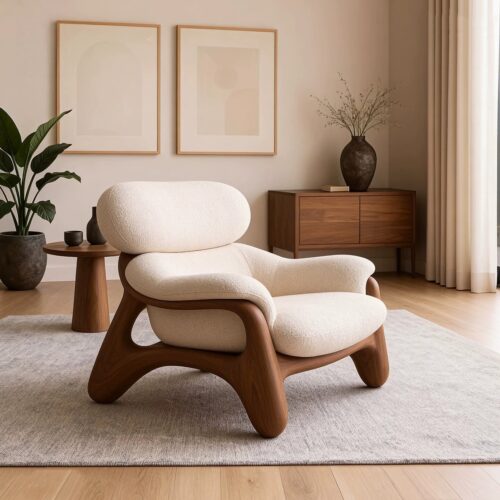 New Chinese Style Walnut Wood Single Sofa Chair - Living room furniture - QONKA HOME