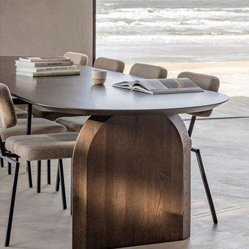 Oval Solid Pine Dining Table Double Arch Panel Base Minimalist Japandi Solid Wood Dining Table - Dining table - QONKA HOME